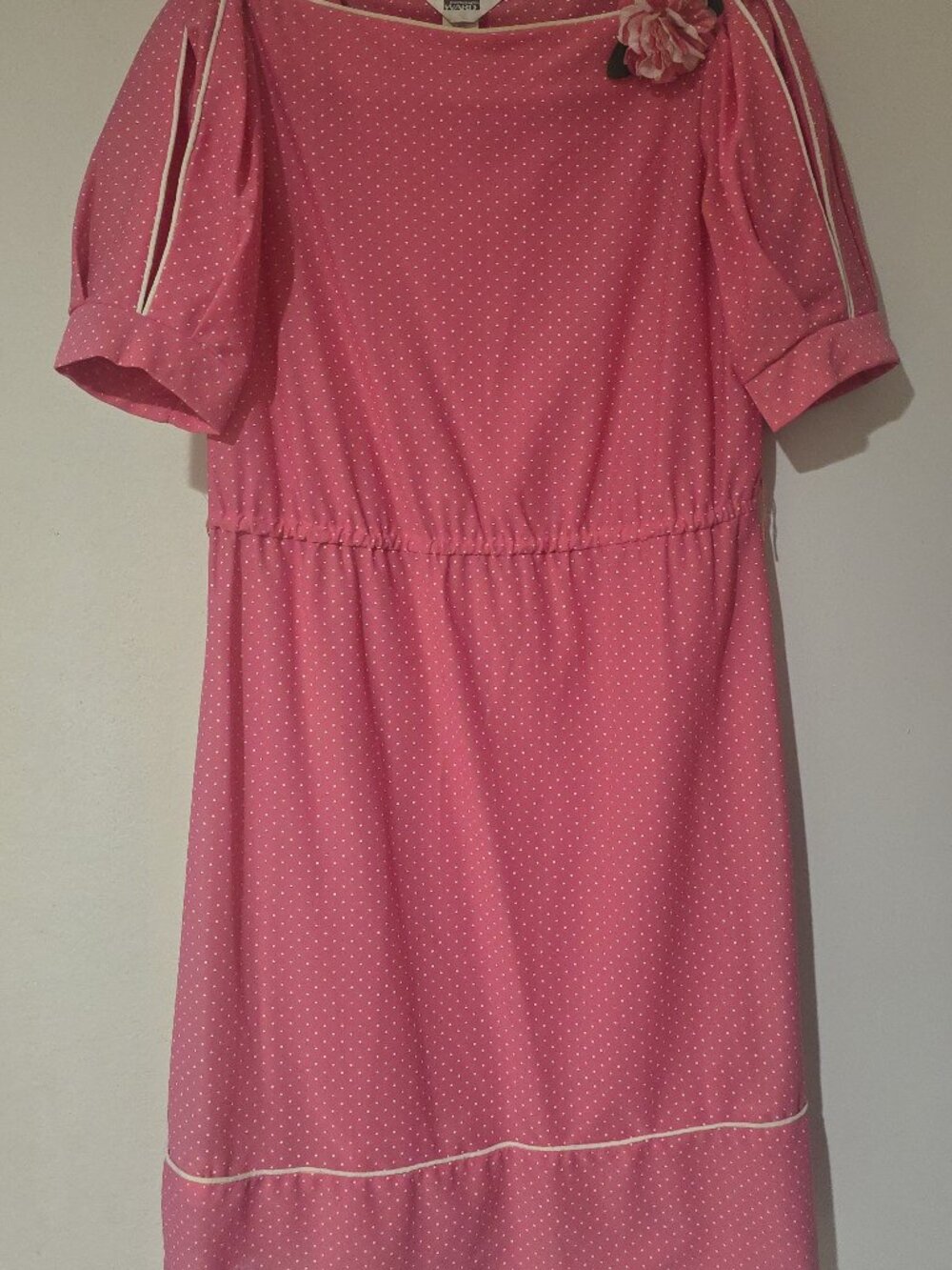 Vintage 80s Montgomery Ward Pink Polka Dot Puff Sleeve Dress Size 8 Coquette